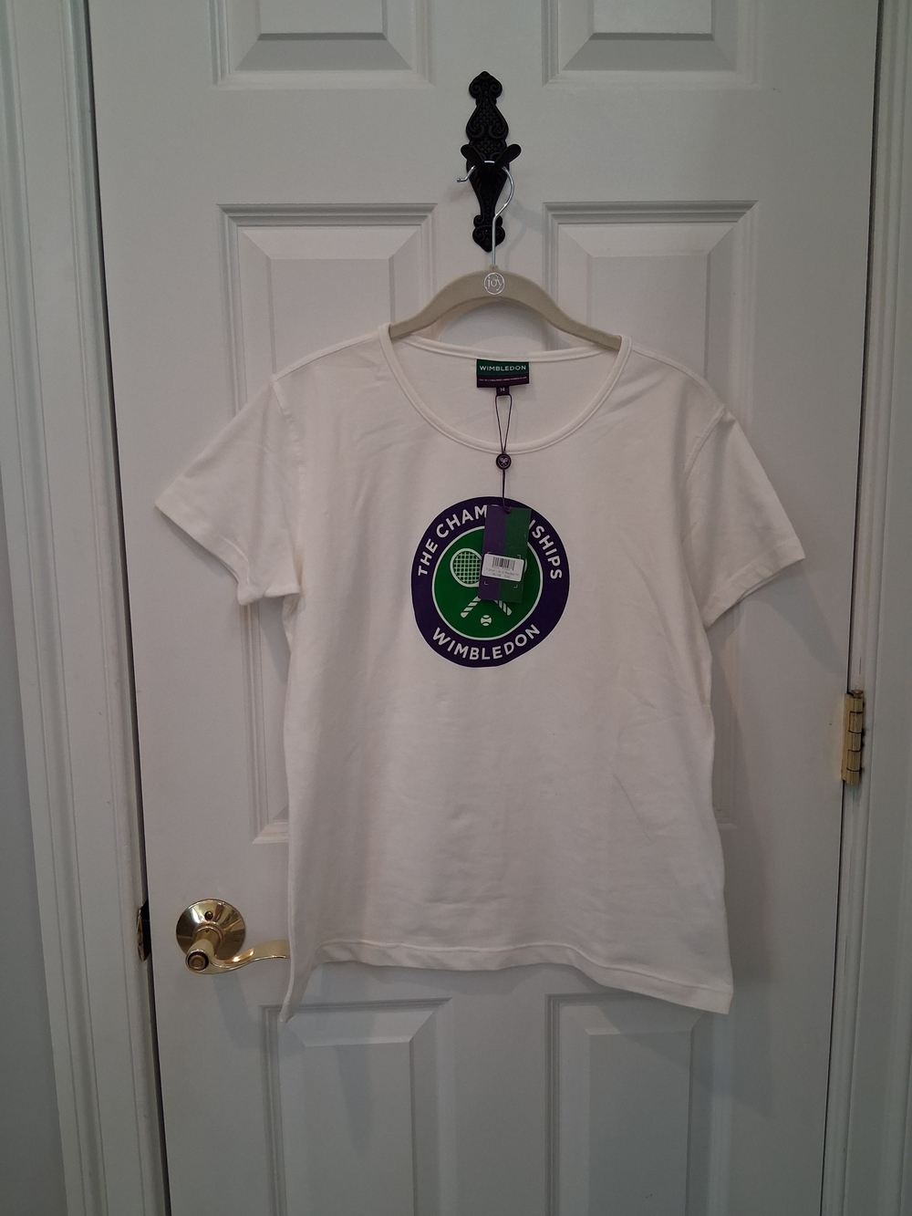 Wimbledon White Tee with Purple and Green Crest